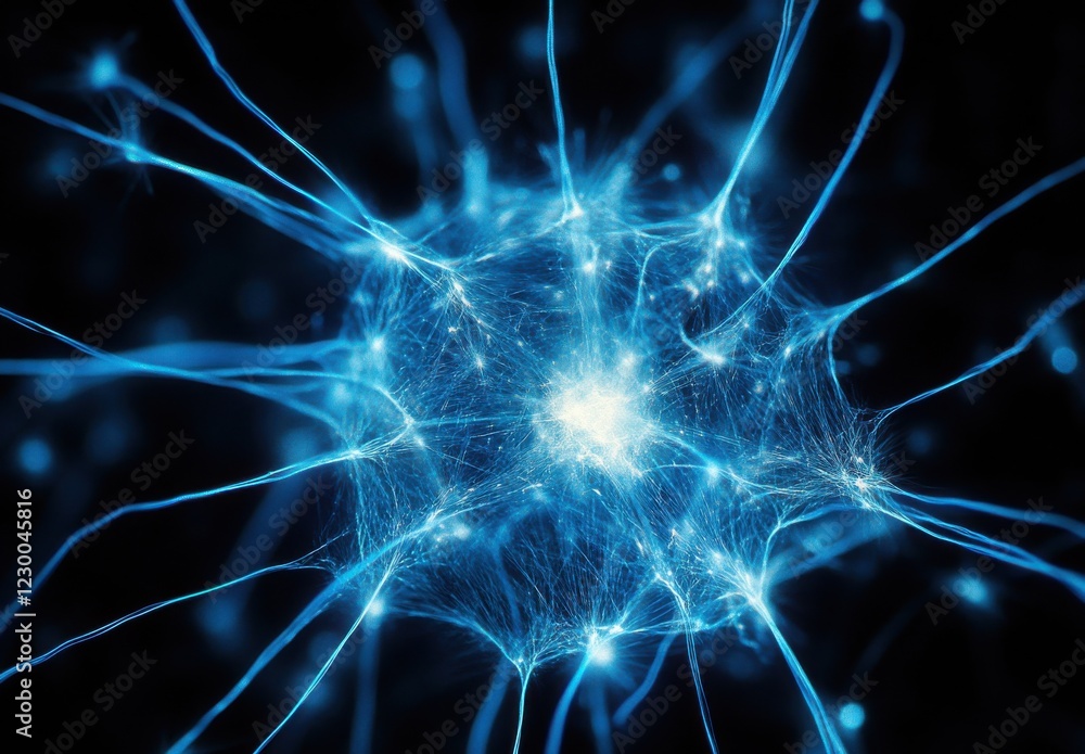 Poster abstract depiction of a glowing neural structure with blue lines and radiant connections on a dark b