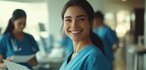 Fototapeta premium Smiling hispanic female young nurse in blue scrubs at busy hospital corridor