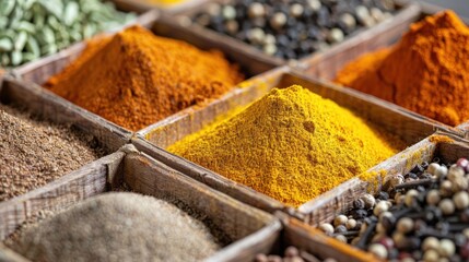 Fototapeta premium Vibrant assortment of spices in wooden containers, showcasing rich colors and textures for culinary use