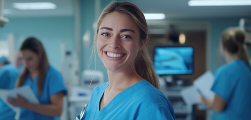 Fototapeta premium Female caucasian nurse smiling in hospital setting