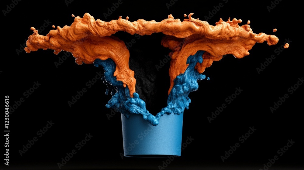 Poster abstract color splash: dynamic blue and orange paint explodes from a simple cup, creating a visually