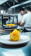 A geometric-shaped dessert with intricate 3D-printed textures, 3D food printer mid-process, modern kitchen , haute cuisine 