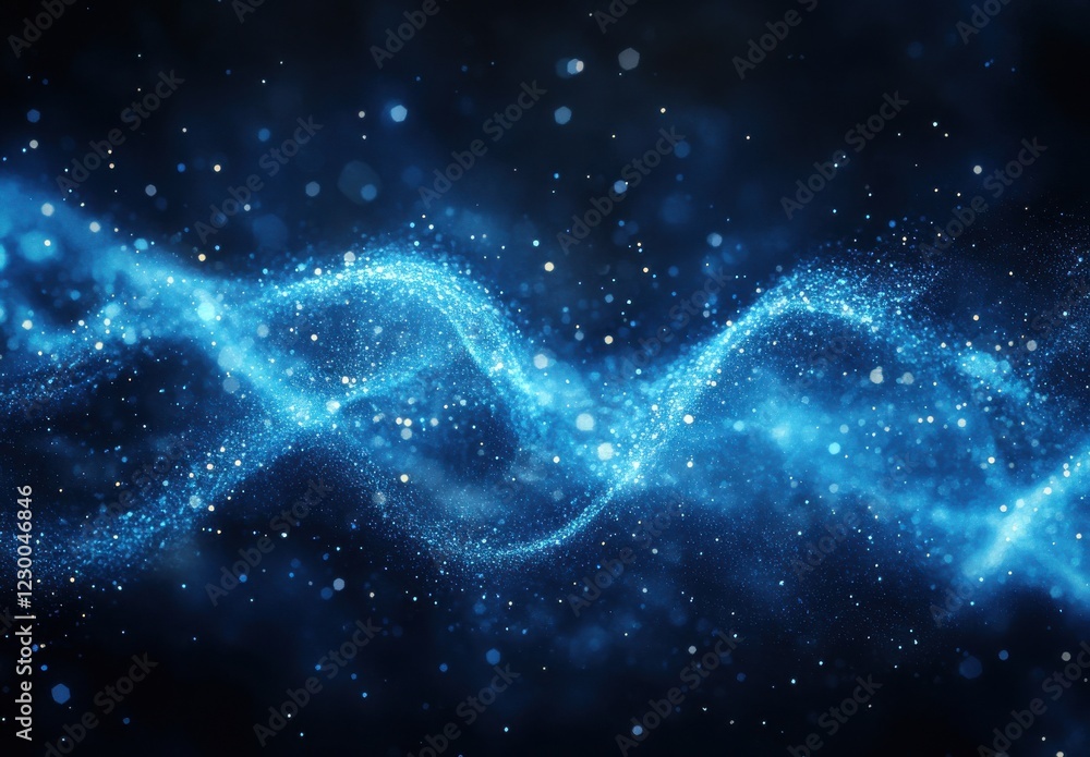 Poster beautiful blue wave of particles glowing in the dark with sparkling effects and ethereal light creat