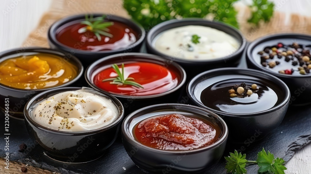Poster assorted dips and sauces in black bowls on a rustic table with herbs in the background