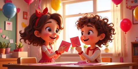 Adorable kids exchange handmade Valentine's Day cards, celebrating love and friendship in a classroom setting.