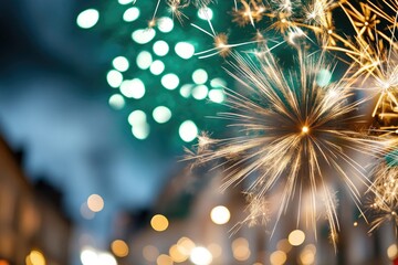 Grand finale fireworks in green and gold illuminating night sky for celebration events.