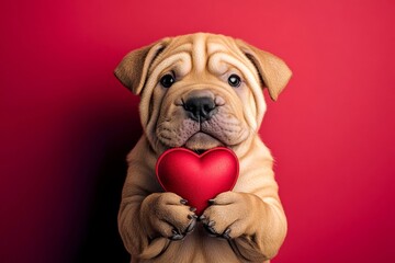 Obraz premium Cute chinese shar-pei dog with diamond red heart - emblem of love, funny greeting card. Chinese shar-pei - my cherished dog. Promotion graphic concept art. Love-themed dog photos. Puppy love.
