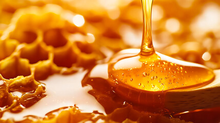 Honey dripping from the wooden spoon on top of a honey jar
