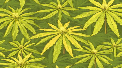 Lush cannabis plants, overhead view.  Background Green foliage. Use Textile print