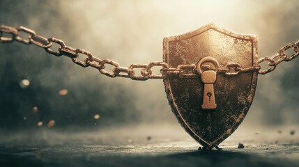 Blockchain Cybersecurity Shield, a 3D representation of digital chains forming a protective barrier against cyber threats