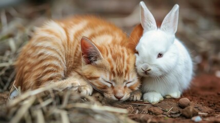 Orange cats and beautiful white rabbits are very cute.