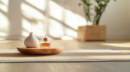 A serene setup featuring an essential oil diffuser and a small candle on a wooden tray, set in a bright, peaceful interior with greenery.