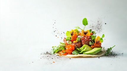 Artful lab-grown meat taco, adorned with creamy avocado, colorful edible flowers, and an array of vibrant sauces for a gourmet experience