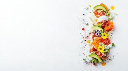 Obraz premium Gourmet lab-grown meat taco, adorned with avocado slices, colorful edible flowers, and vibrant sauces for a culinary delight
