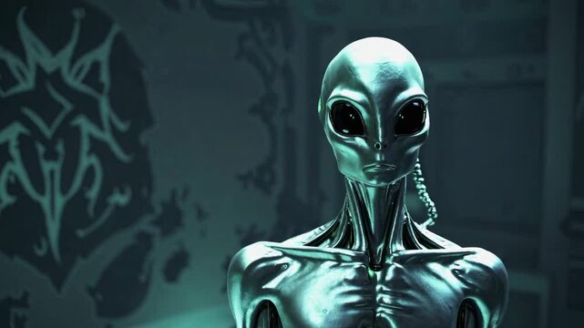 Silver alien showcasing a striking metallic body and futuristic design, posing in a dimly lit room adorned with mysterious alien symbols on the wall, emanating an enigmatic aura
