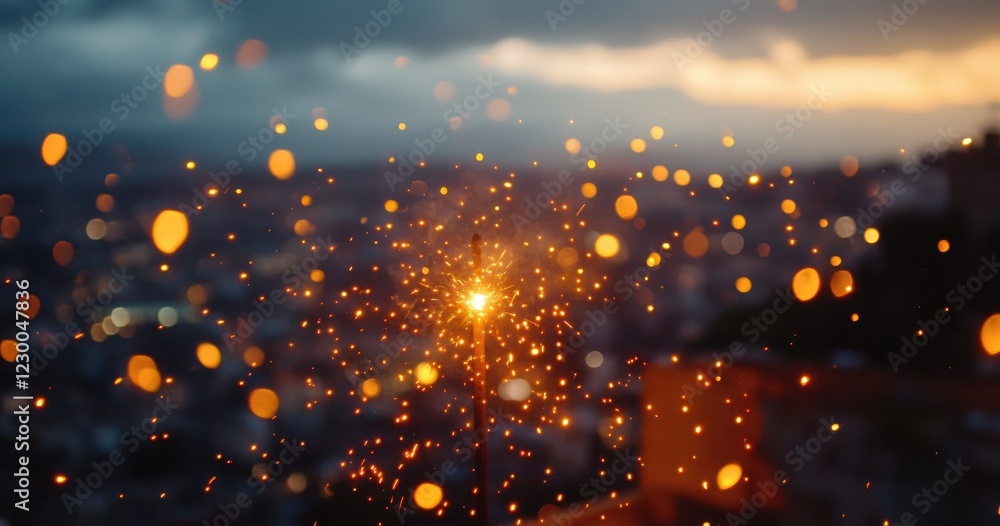 Poster bokeh effect with shimmering sparks against a dusk cityscape background with glowing lights and a dr