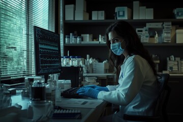 Female scientist in laboratory analyzing data on computer with protective mask and gloves