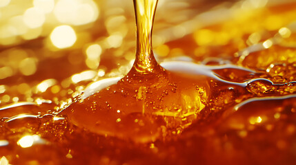 Honey dripping from the wooden spoon on top of a honey comb