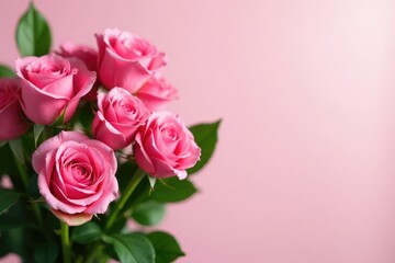 A bunch of fresh pink roses with leafy greens and stems, fresh cut flowers, greenery
