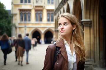 Obraz premium A young woman strolls through a lively city street with stunning historic architecture