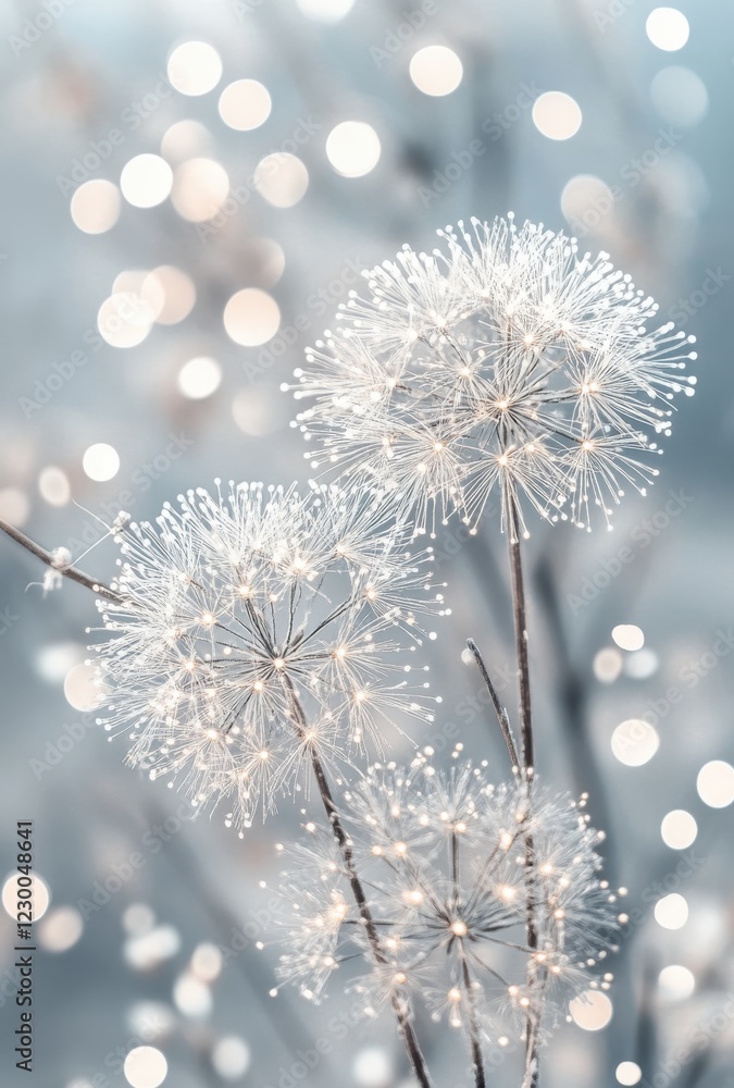 Poster captivating close-up of delicate dandelion seeds shimmering in soft light against a dreamy blurred b