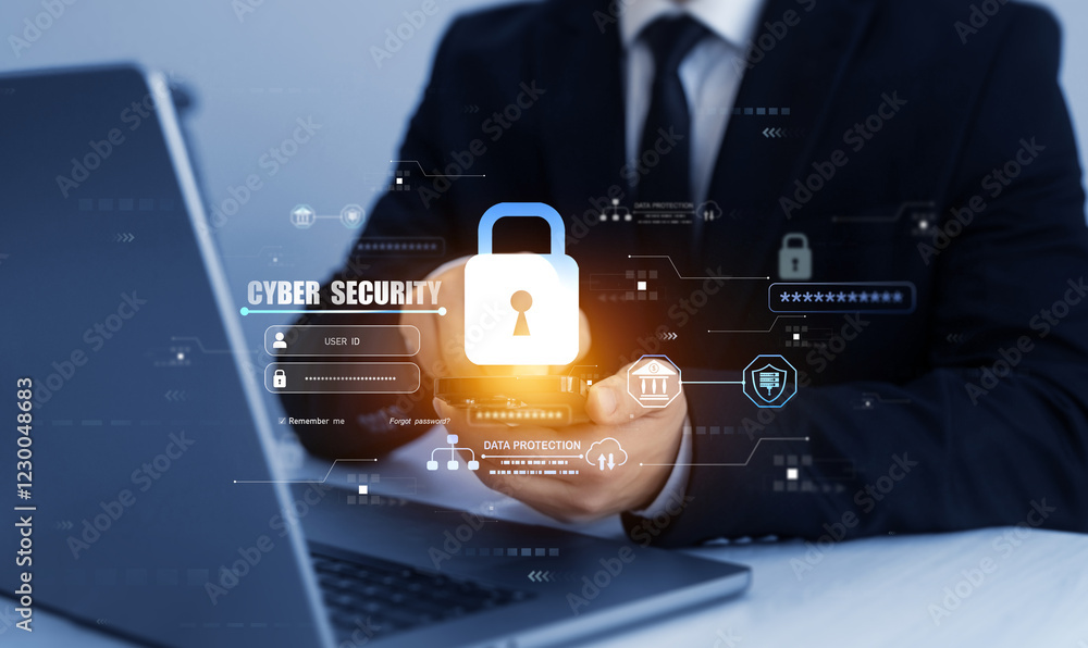 Poster protecting herself from cyber attacks and personal data.portection data access.businessman protectin