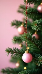 A garland of pastel pink and gold beads on a fir tree branch, garland, christmas, pastel pink