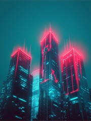 A futuristic cityscape featuring tall skyscrapers illuminated with neon pink and blue lights against a moody, teal background.