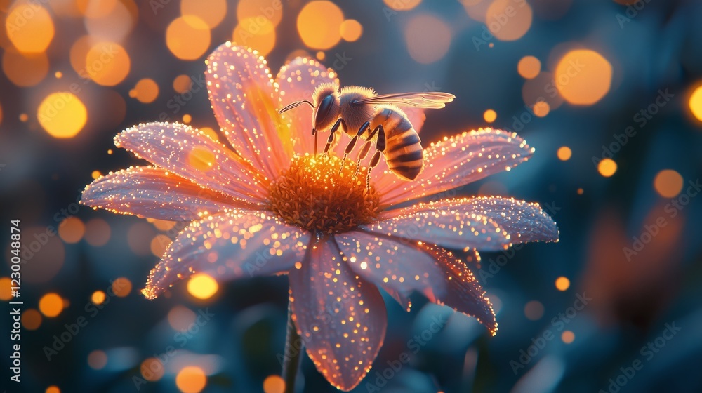 Poster bee pollinating flower with sparkling bokeh background effects