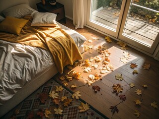 Cozy Autumn Morning: Sunlit Bedroom with Empty Bed
