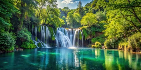 Naklejka premium waterfall cascading into crystal clear lake surrounded by lush green trees, serene nature, forest surroundings