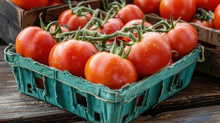Freshly harvested ripe tomatoes in green baskets on rustic wooden table with farm background