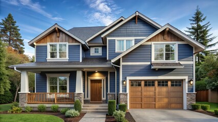 House with blue gray siding and wood accents on front view, home front