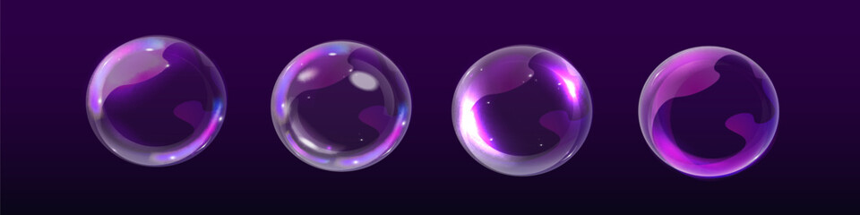 Colorful soap bubbles on a transparent background. Bright, dreamy bubbles with a rainbow gradient effect. Realistic soap bubble element vector set. Vector