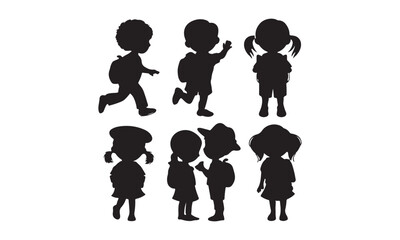 Silhouettes of school children with backpacks, walking, running, and interacting