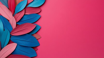 Pink and Blue Leaves on Magenta Background: A vibrant and whimsical arrangement of blue, pink, and brown leaves, gracefully cascading on a bold magenta backdrop.