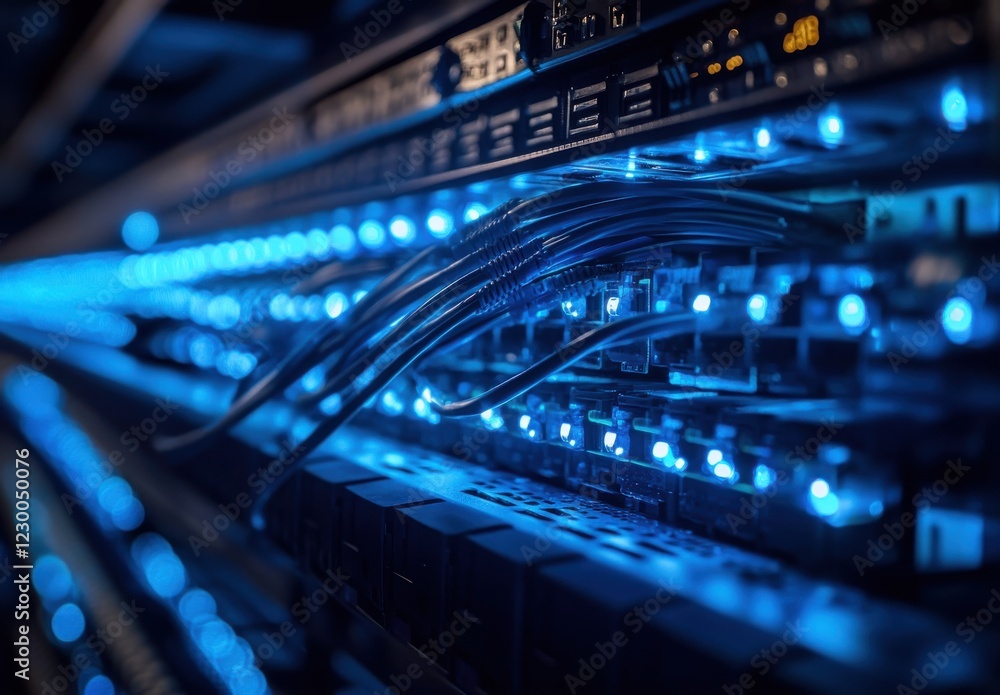 Poster close-up view of network server with glowing blue lights illuminating data cables in a modern data c