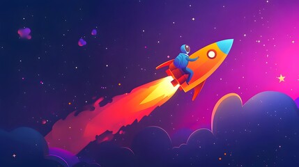 Rocket-Powered Success: Businessman Soaring in Corporate Sky