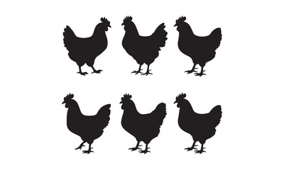 Silhouettes of chickens in various poses for farm and poultry designs