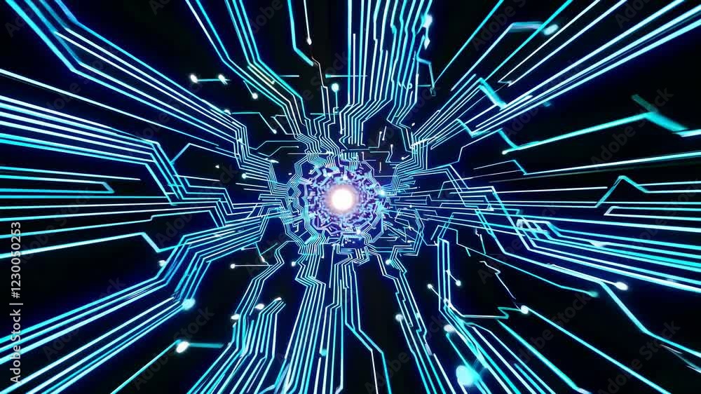Poster glowing blue circuit board forming a tunnel traveling at the speed of light with data traffic and in