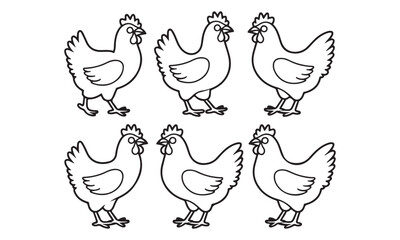Line drawing of chickens in various poses for farm and poultry-related designs