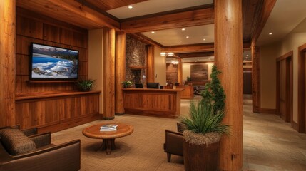 Fototapeta premium A well-designed office reception with wooden details, plush armchairs, and a TV airing a travel documentary