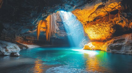 Sunbeam illuminating underground cave pool, Vietnam. Travel destination, nature backdrop