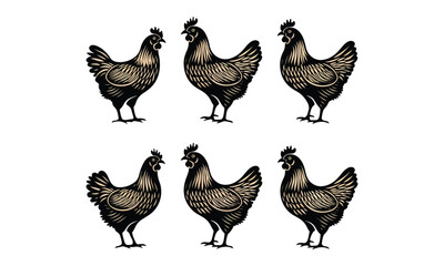 Stylized chickens in black and gold, ideal for farm, poultry, and rural-themed designs