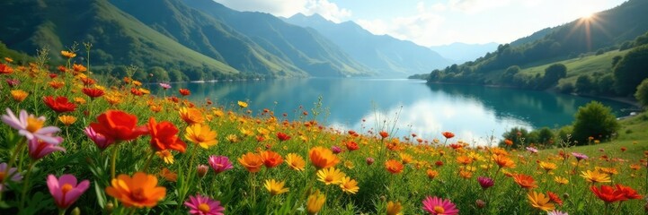 Colorful meadow with a serene lake in the distance, flowers, water, serene lake