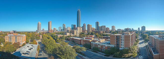 Fototapeta premium panoramic view of the city skyline with buildings in downtown. tall, white skyscrapers and a blue sky on a sunny day. 