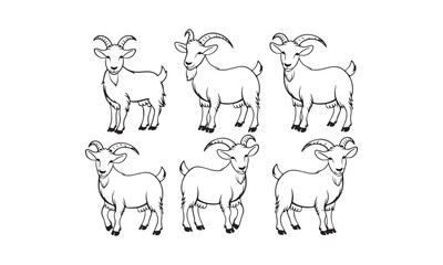 Cute black and white illustrations of goats in various poses for farm and animal designs