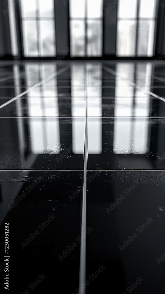 Poster the glossy black tile surface captures reflections of large windows, enhancing the elegance of a mod