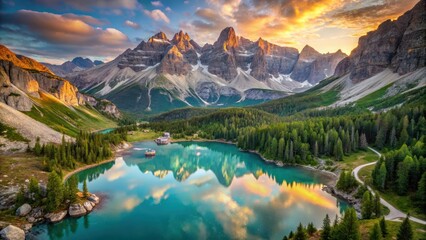Obraz premium Aerial view of Sorapis lake in the Dolomites at sunrise with snow-capped mountains and lush greenery surrounding the serene water body, snow capped peaks, alpine scenery