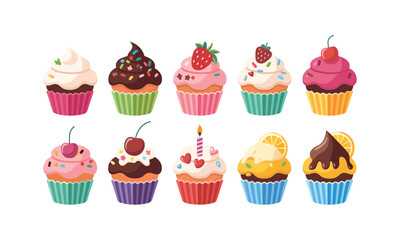 Cute Cartoon Cupcakes with Colorful Frosting and Toppings in Various Flavors